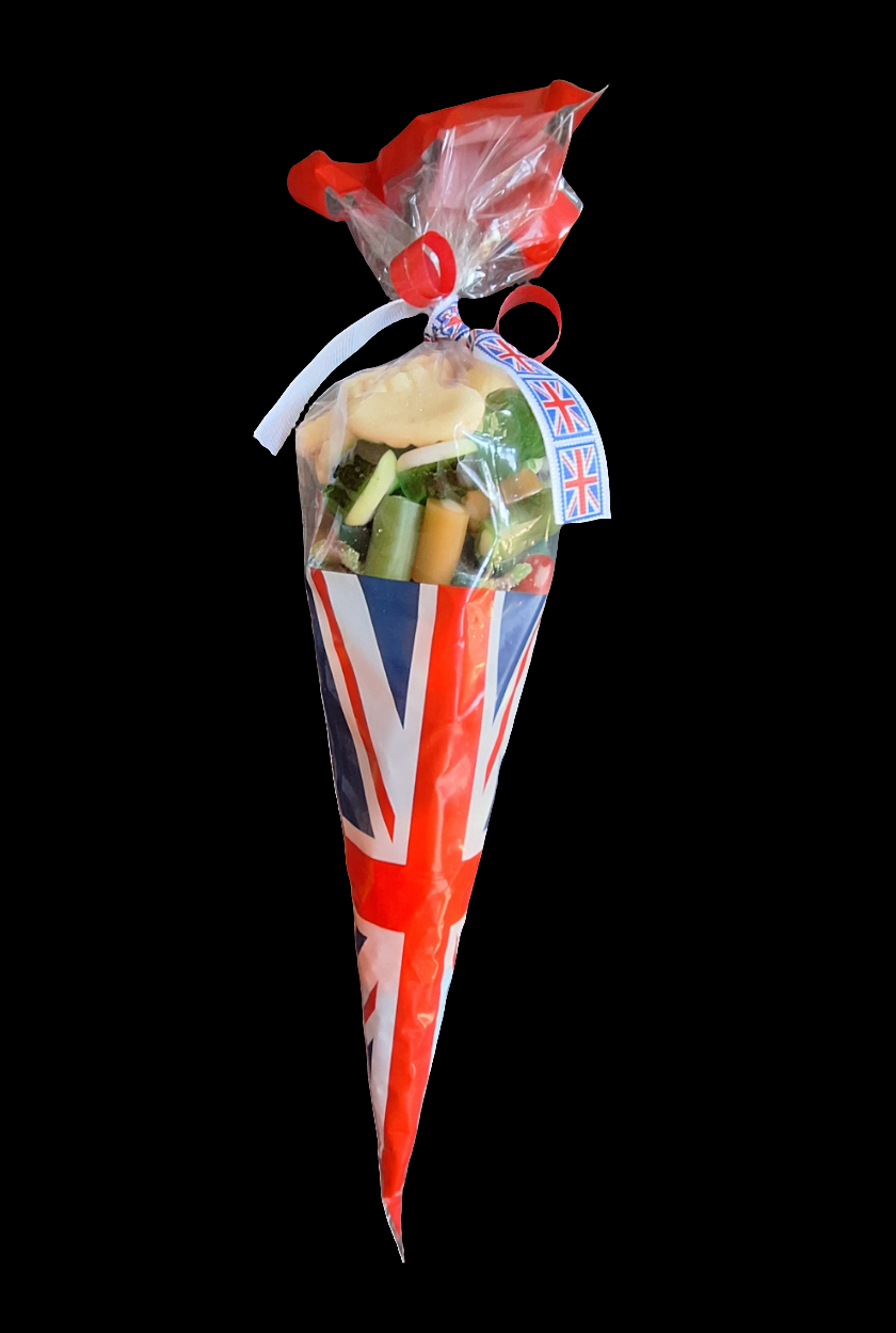 Union Jack themed sweet cones