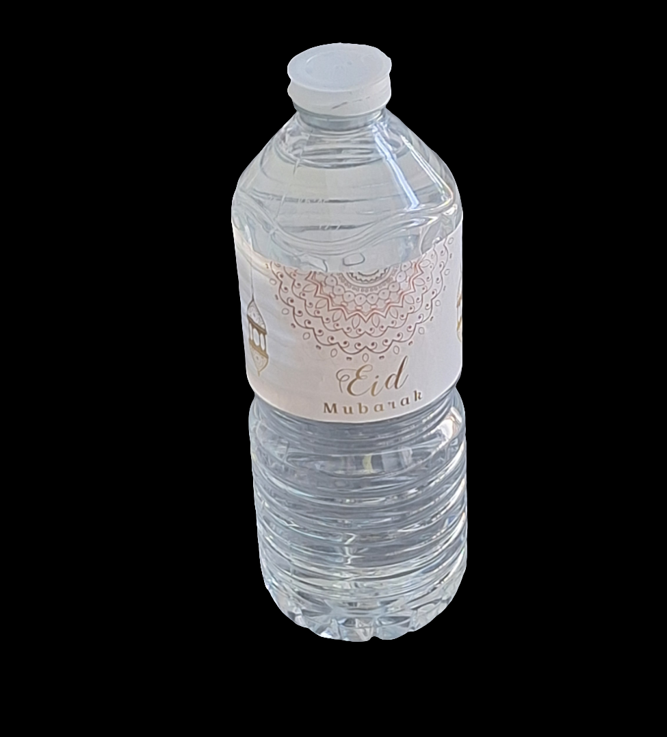 Eid Mubarak water with labels